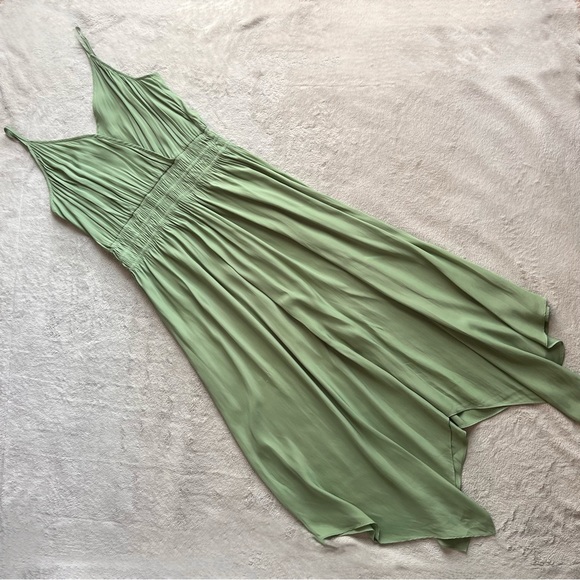 Ramy Brook Dresses & Skirts - Ramy Brook Henrietta Silky Smocked Handkerchief Hem Midi Slip Dress Sofja Green